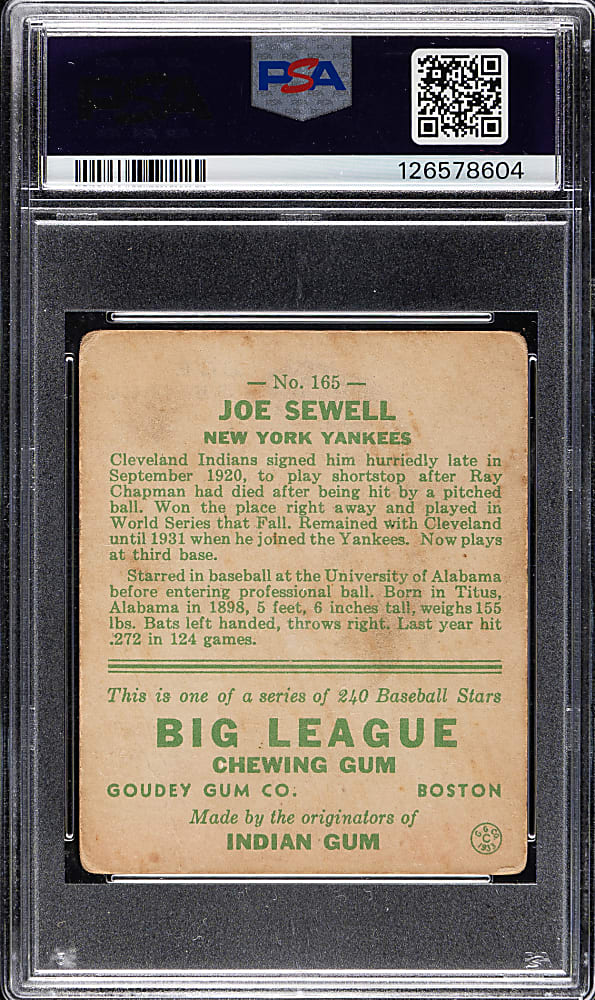 1933 R319 Goudey #165 Joe Sewell PSA POOR 1