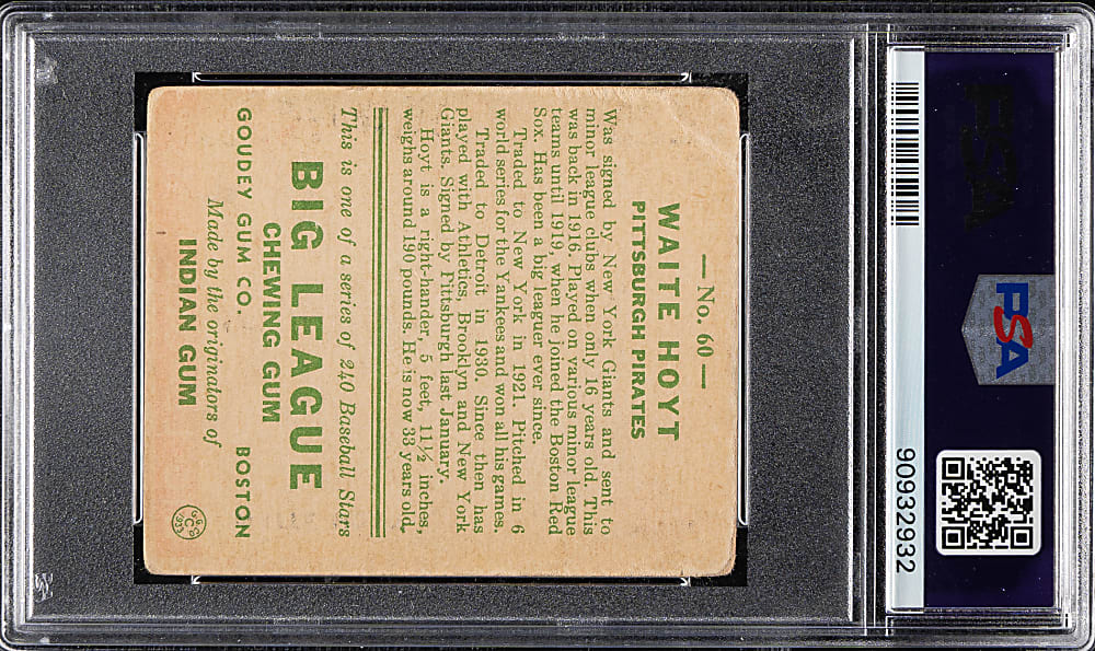 1933 R319 Goudey #60 Waite Hoyt PSA FAIR 1.5
