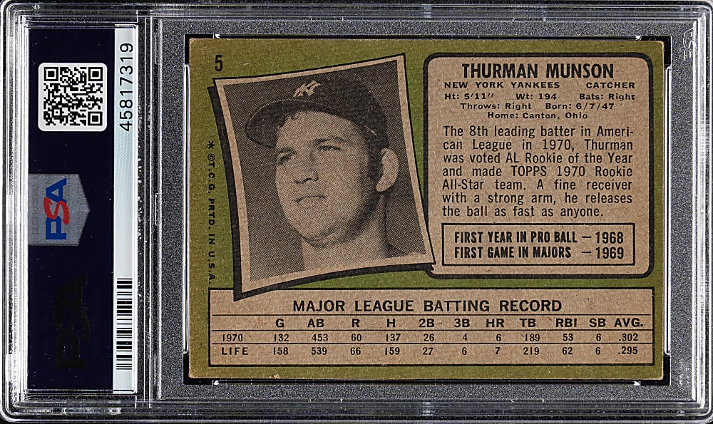 1971 Topps #5 Thurman Munson PSA VG 3