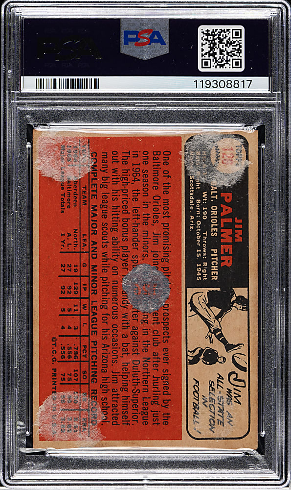 Signed 1966 Topps Venezuelan #126 Jim Palmer Rookie PSA POOR 1 with GEM MINT 10 Signature
