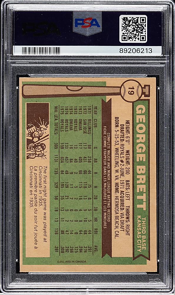 Signed 1976 O-Pee-Chee #19 George Brett PSA NM 7 with MINT 9 Signature
