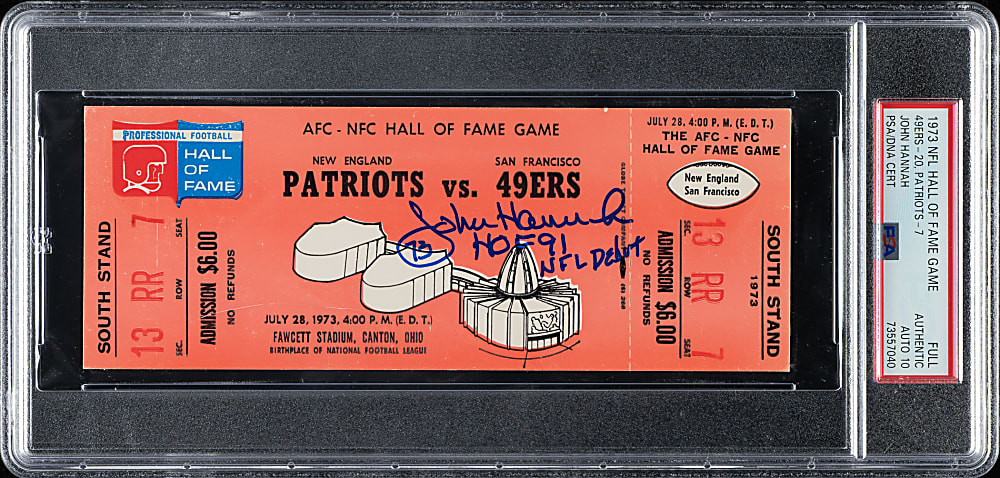 1973 NFL Hall of Fame Game New England Patriots (vs. San Francisco 49ers) Full Ticket Signed by John Hannah PSA/DNA GEM MINT 10