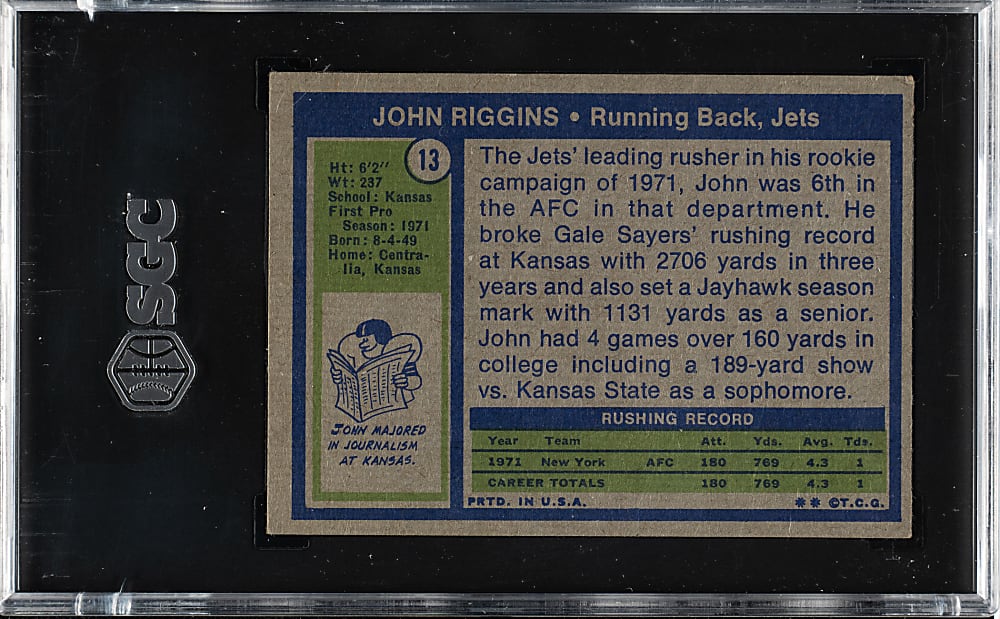 1972 Topps Football #13 John Riggins Rookie SGC EX/NM 6
