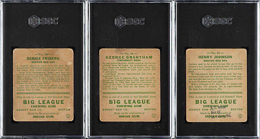 1933 R319 Goudey SGC-Graded Trio: Bernie Friberg, George Grantham, and Henry Johnson