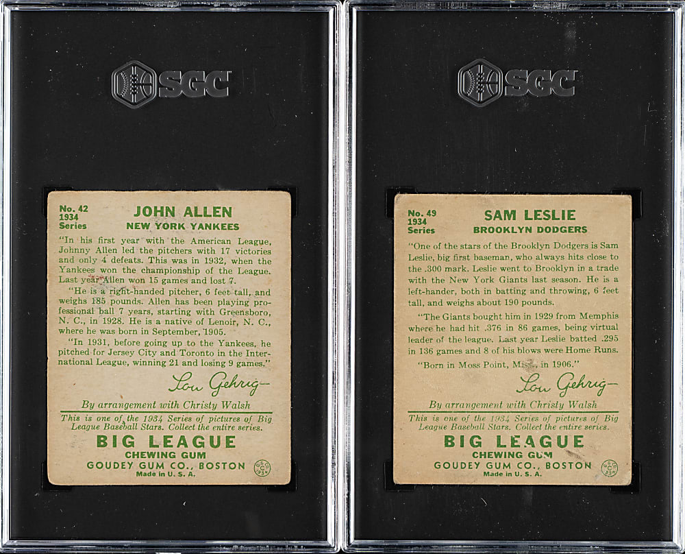 1934 R320 Goudey #42 John Allen #49 Sam Leslie SGC-Graded Pair