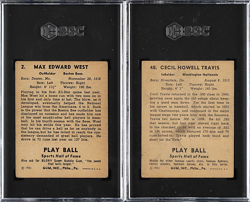 1941 R336 Play Ball #2 Max West and #48 Cecil Travis SGC-Graded Pair