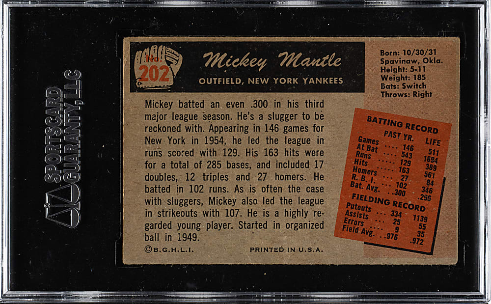 1955 Bowman #202 Mickey Mantle SGC VG 40