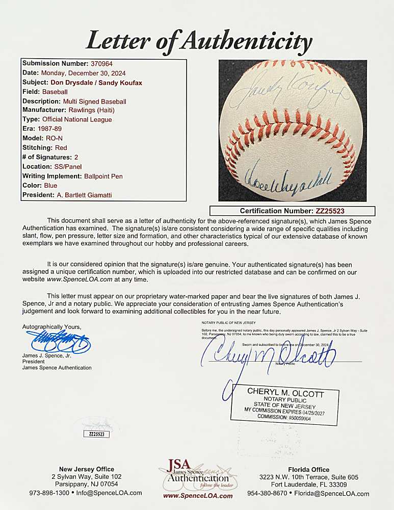 Don Drysdale and Sandy Koufax Dual-Signed Baseball - JSA