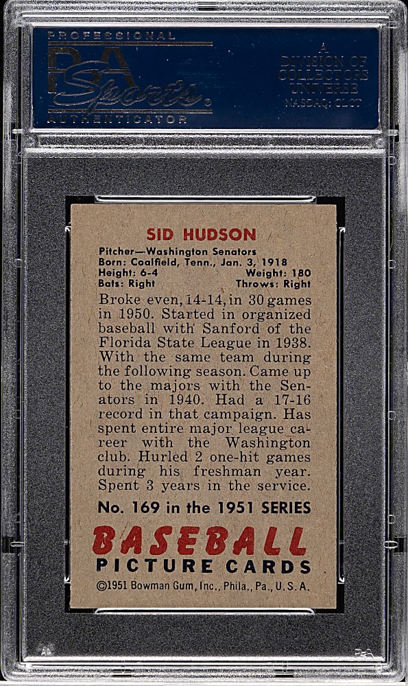 1951 Bowman #169 Sid Hudson PSA NM-MT 8