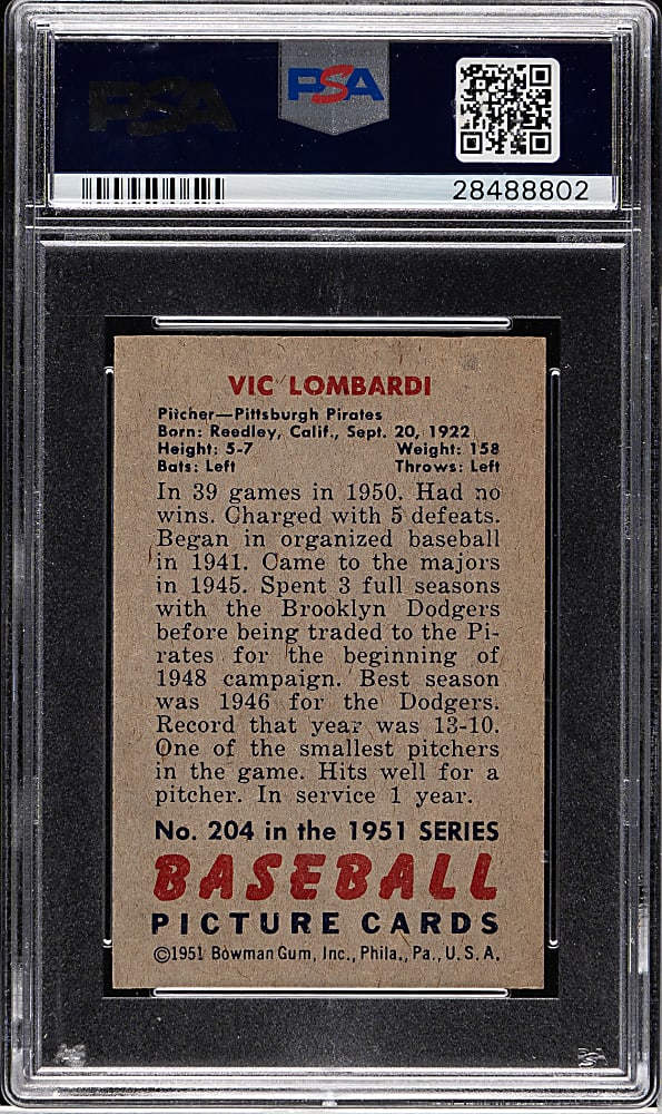 1951 Bowman #204 Vic Lombardi PSA NM-MT 8
