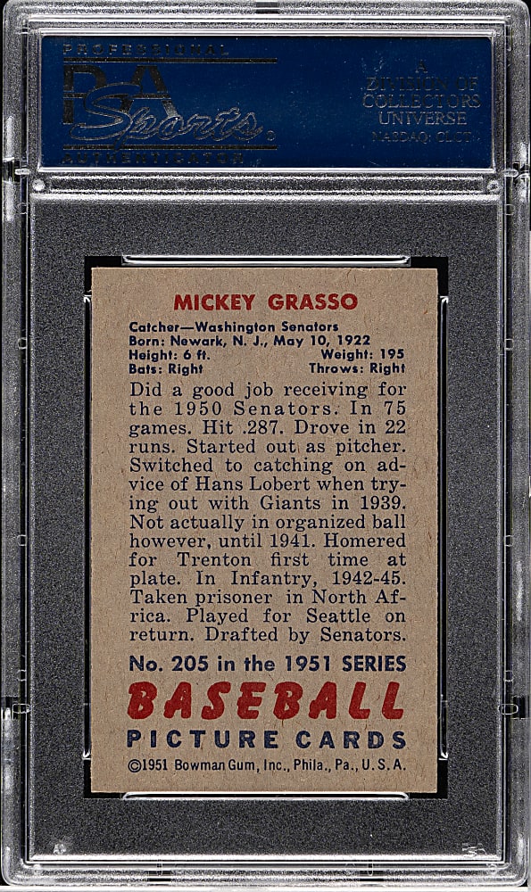 1951 Bowman #205 Mickey Grasso PSA NM-MT 8