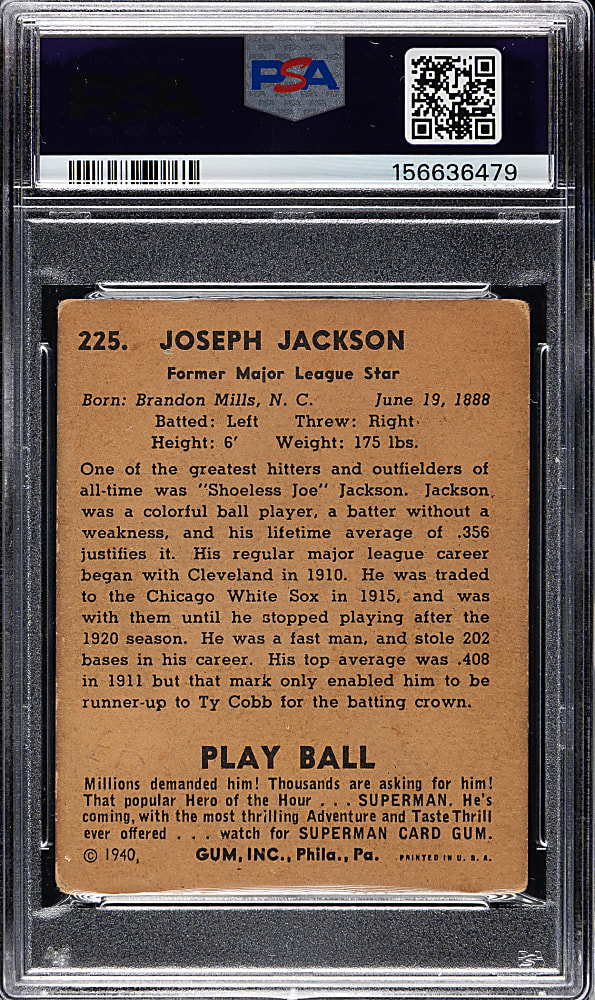 1940 R335 Play Ball #225 Joe Jackson PSA FAIR 1.5 (MK)