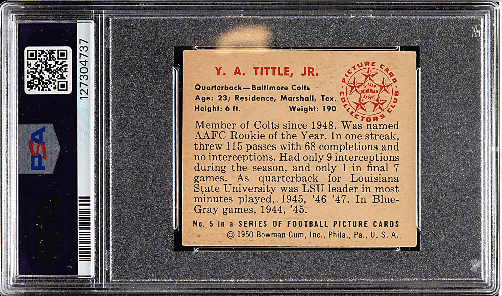 1950 Bowman Football #5 Y. A. Tittle Rookie PSA EX 5