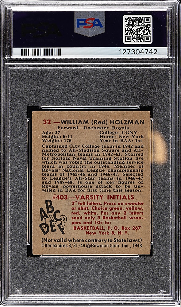 1948 Bowman Basketball #32 Red Holzman Rookie PSA EX-MT 6