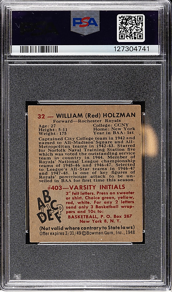 1948 Bowman Basketball #32 Red Holzman Rookie PSA NM 7