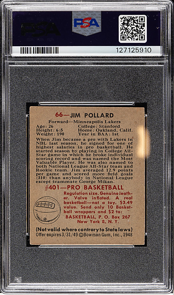 1948 Bowman Basketball #66 Jim Pollard Rookie PSA VG-EX 4