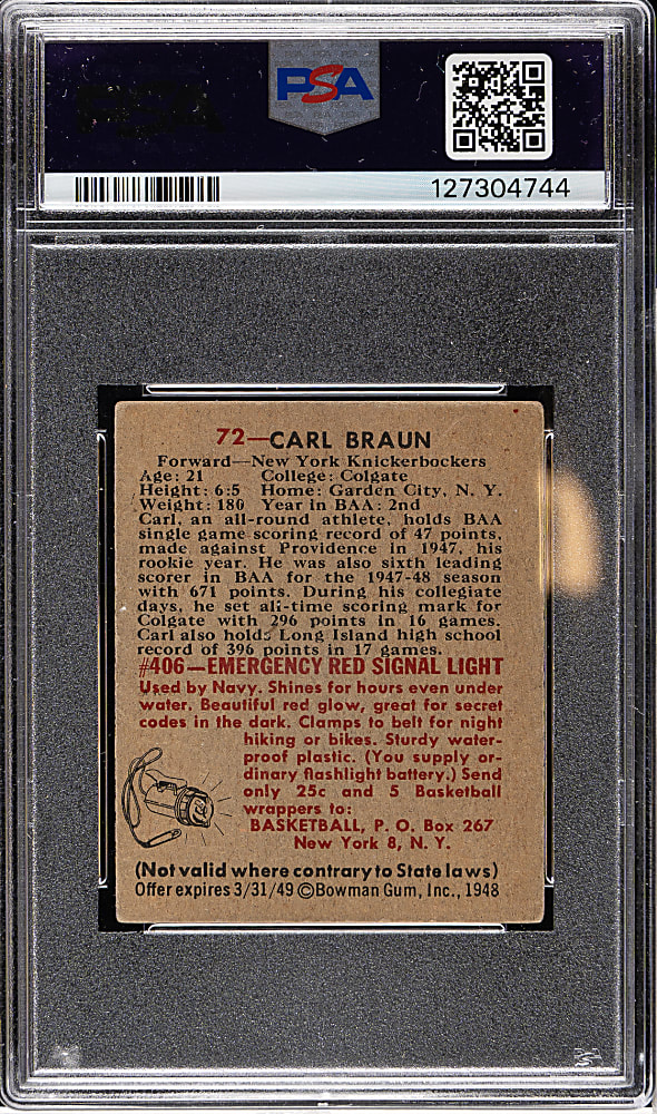 1948 Bowman Basketball #72 Carl Braun Rookie PSA VG+ 3.5