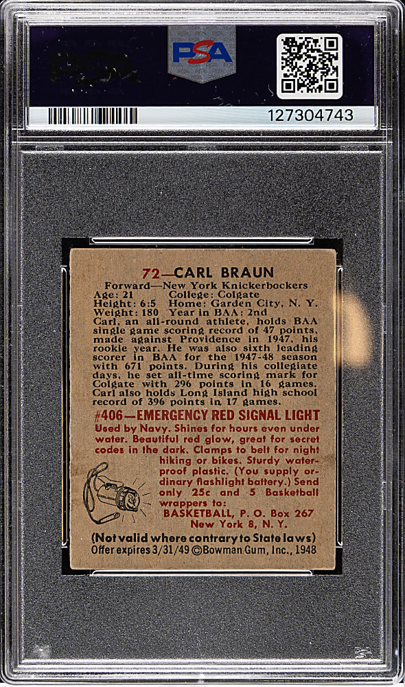 1948 Bowman Basketball #72 Carl Braun Rookie PSA EX 5