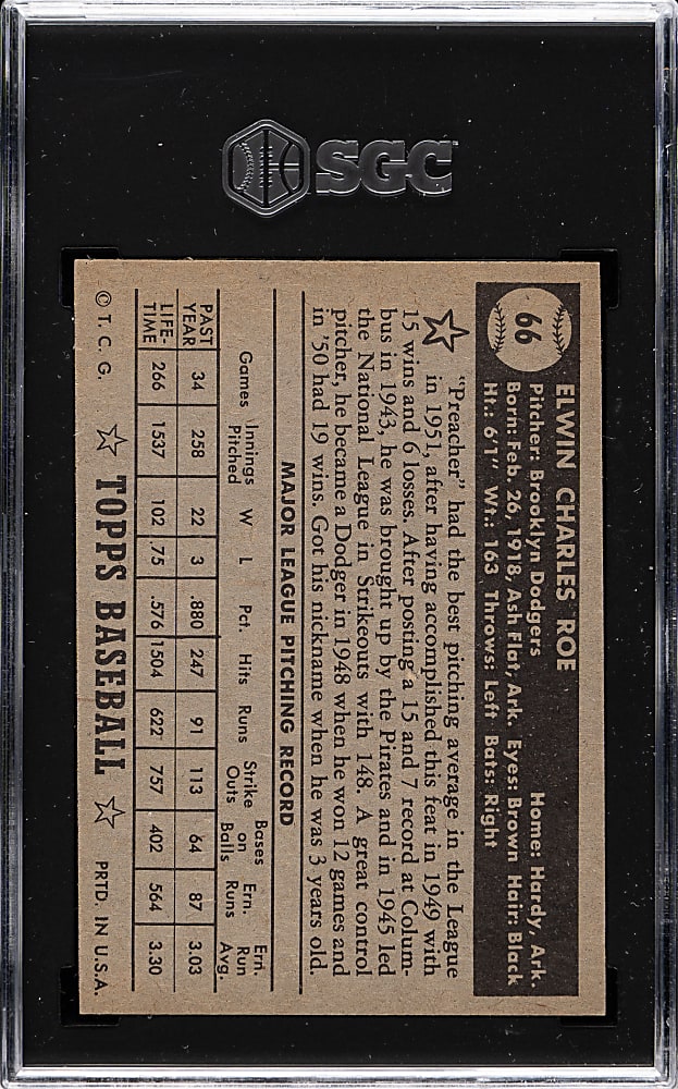 1952 Topps #66 Preacher Roe Black Back SGC EX 5