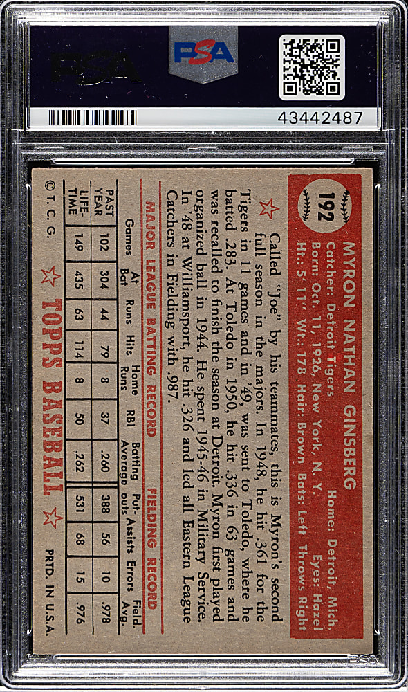 1952 Topps #192 Myron Ginsberg PSA NM 7