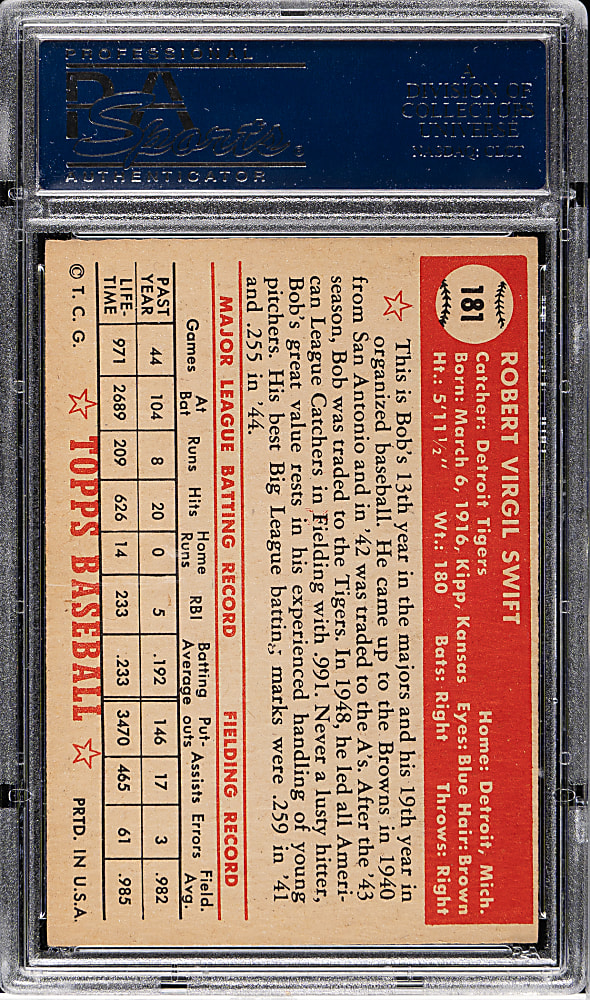 1952 Topps #181 Bob Swift PSA EX-MT 6