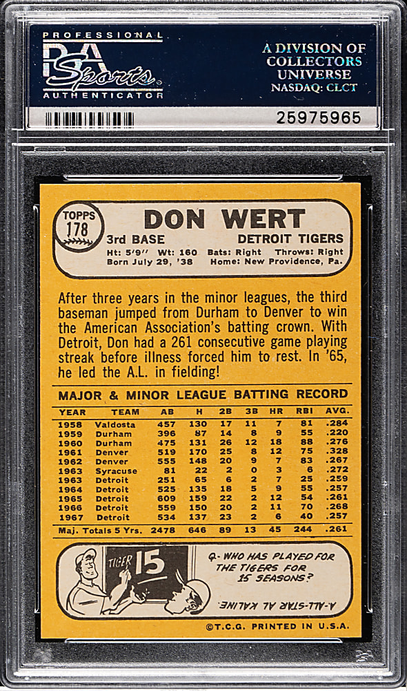 1968 Topps #178 Don Wert PSA MINT 9