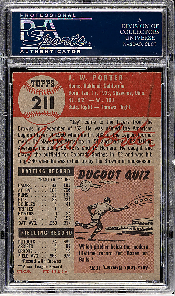 1953 Topps #211 J. W. Porter PSA NM-MT+ 8.5