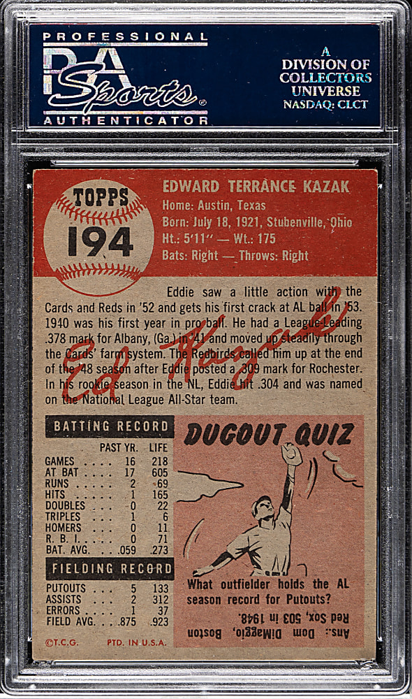 1953 Topps #194 Eddie Kazak PSA NM-MT 8