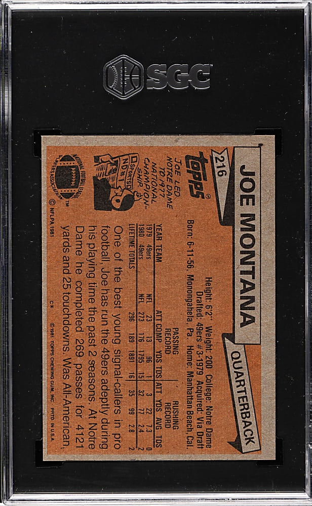 1981 Topps Football #216 Joe Montana Rookie SGC NM+ 7.5