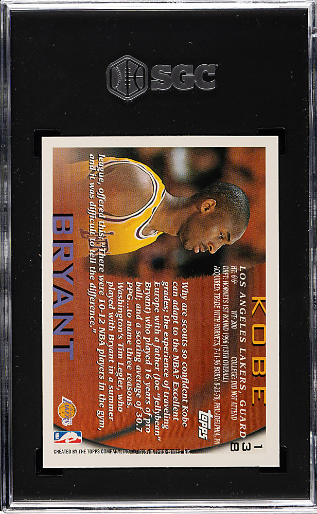 1996-1997 Topps Basketball #138 Kobe Bryant Rookie SGC MINT+ 9.5