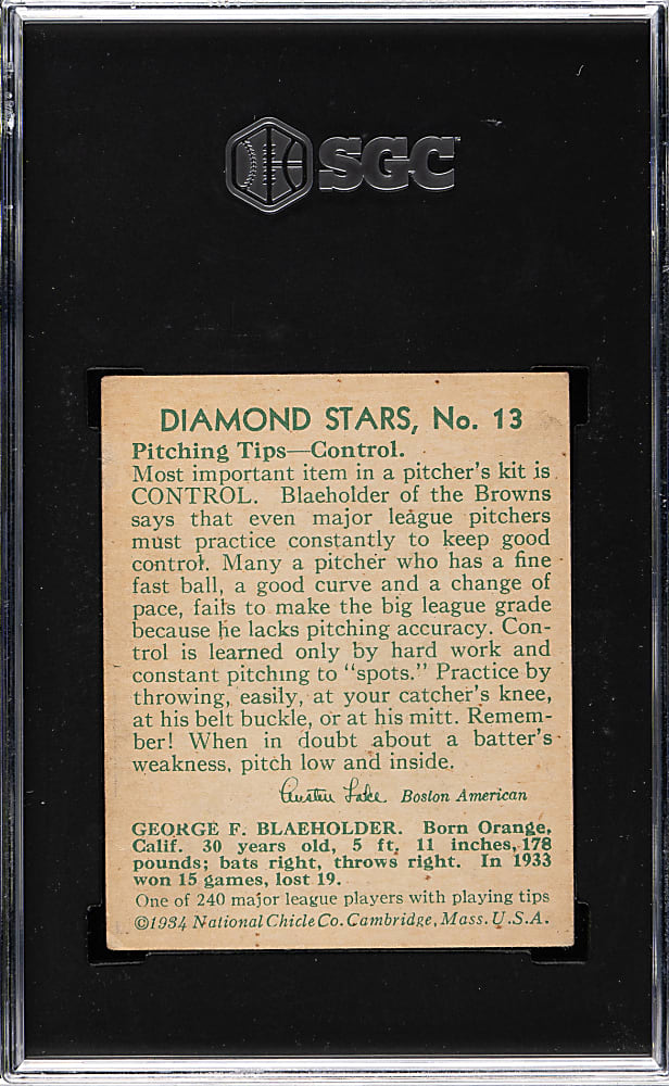 1934-1936 R327 Diamond Stars #13 George Blaeholder (1934 Green Back) SGC EX 5