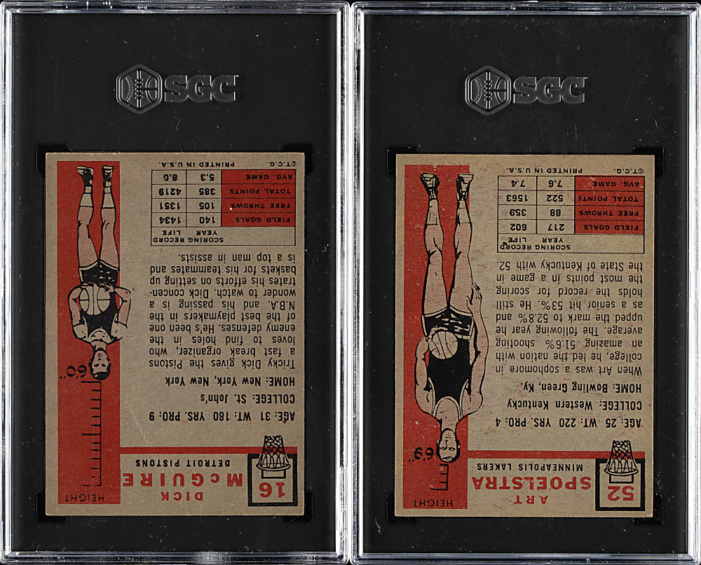 1957-1958 Topps Basketball #16 Dick McGuire Rookie and #52 Art Spoelstra SGC-Graded Pair