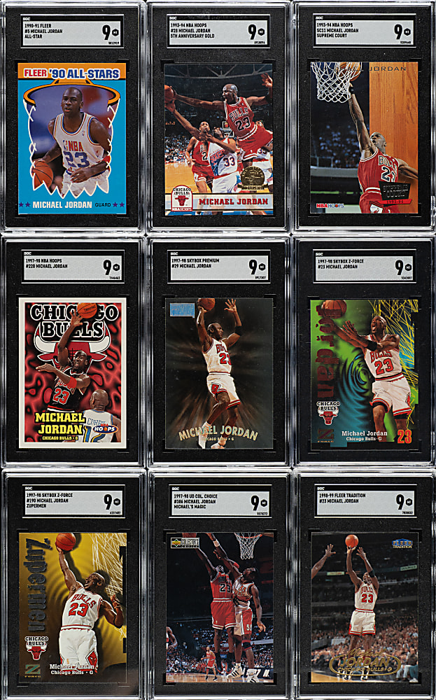 1990 to 1997 Fleer, Skybox, and NBA Hoops Basketball Michael Jordan SGC MINT 9 Collection (9)
