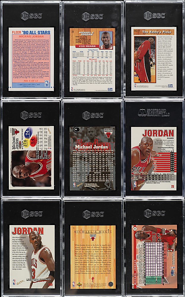 1990 to 1997 Fleer, Skybox, and NBA Hoops Basketball Michael Jordan SGC MINT 9 Collection (9)