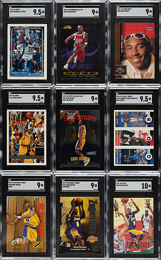 1992 to 1997 Topps, Skybox, and Fleer Basketball Hall of Fame SGC-Graded Collection (9) Including Kobe Bryant and Shaquille O'Neal Rookies