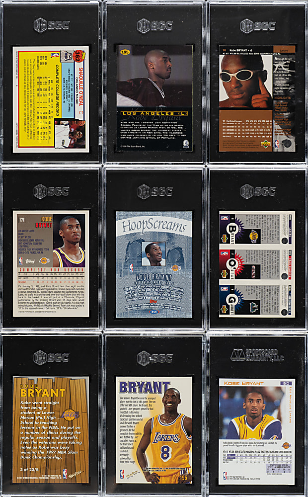 1992 to 1997 Topps, Skybox, and Fleer Basketball Hall of Fame SGC-Graded Collection (9) Including Kobe Bryant and Shaquille O'Neal Rookies