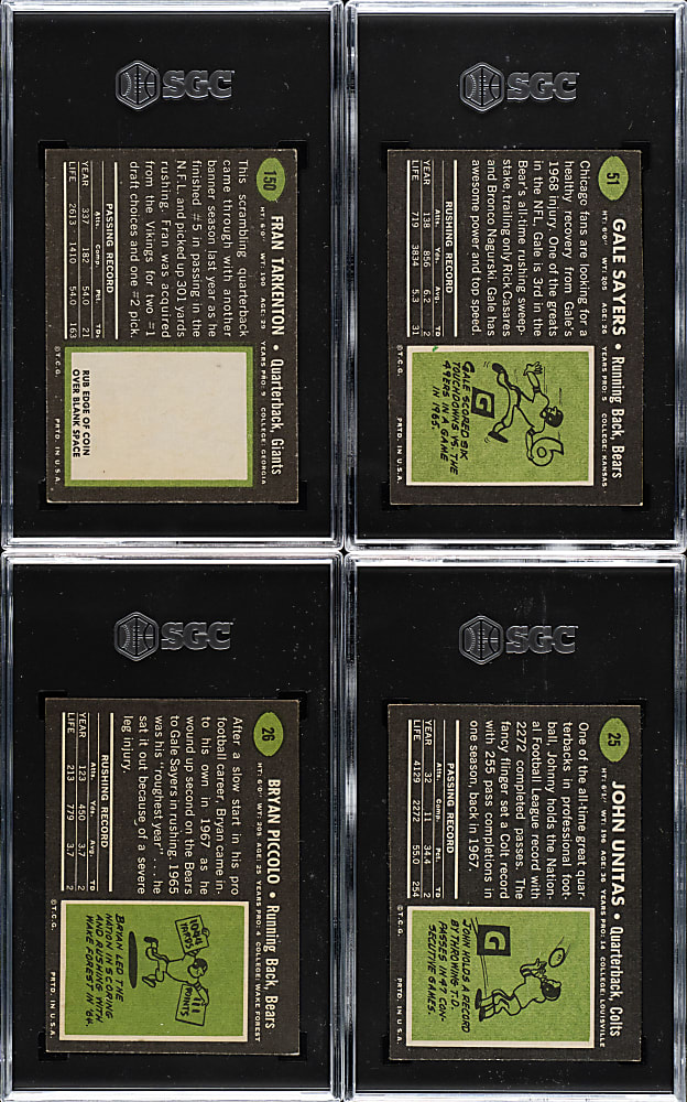 1969 Topps Football SGC-Graded Collection (4): Gale Sayers, Fran Tarkenton, Bryon Piccolo, and Johnny Unitas