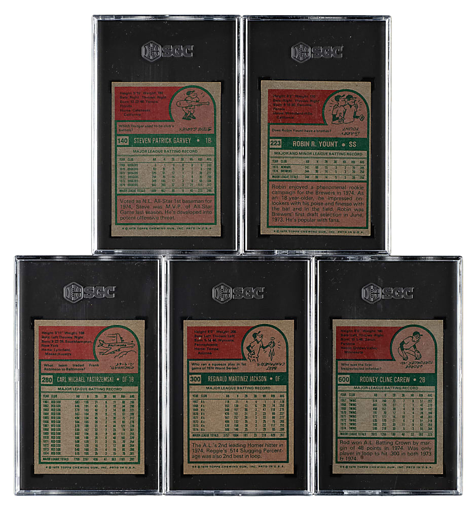 1975 Topps Hall of Fame and Star SGC-Graded Collection (5): Garvey, Yount Rookie, Yastrzemski, Jackson, and Carew