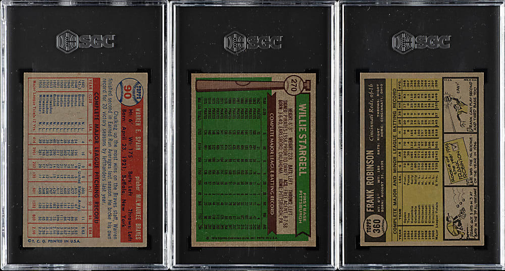 1957 to 1976 Topps Hall of Fame SGC-Graded Trio: Frank Robinson, Willie Stargell, and Warren Spahn