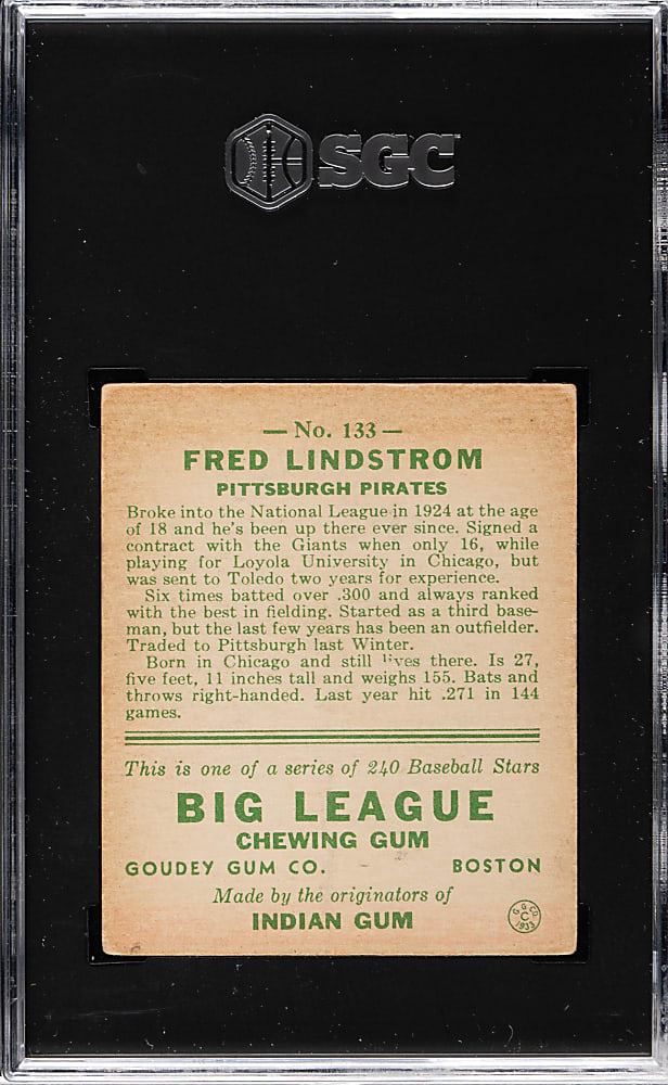 1933 R319 Goudey #133 Fred Lindstrom SGC VG 3