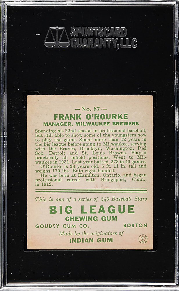 1933 R319 Goudey #87 Frank O'Rourke SGC VG/EX+ 55