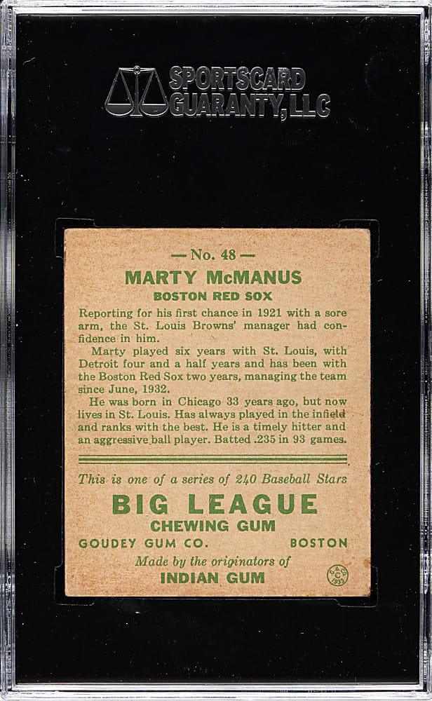 1933 R319 Goudey #48 Marty McManus SGC VG/EX+ 55