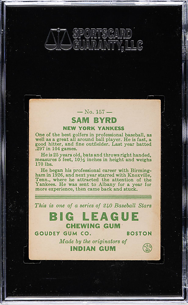 1933 R319 Goudey #157 Sammy Byrd SGC VG/EX+ 55