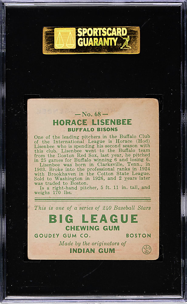 1933 R319 Goudey #68 Horace Lisenbee SGC VG 40