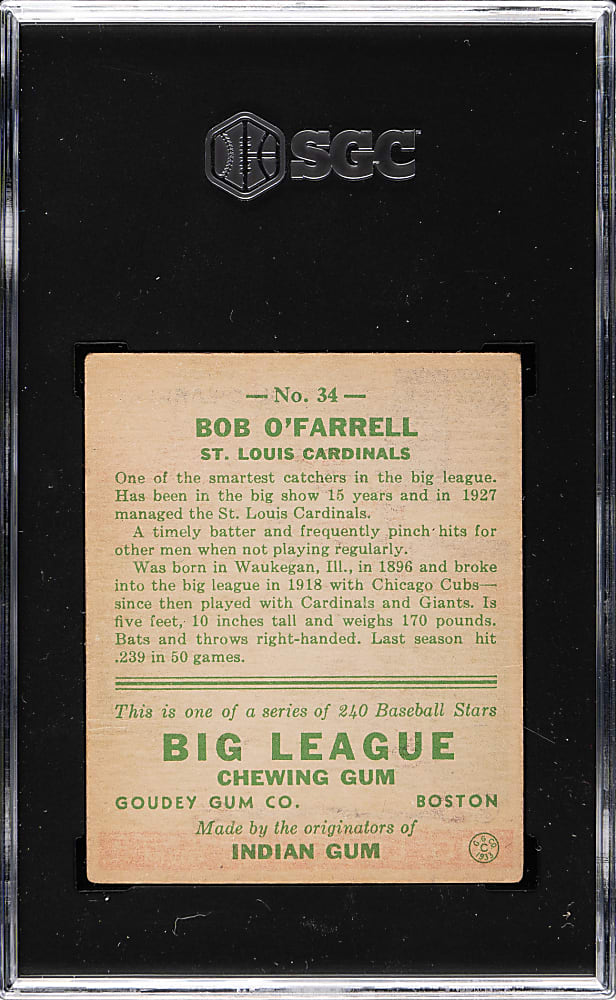 1933 R319 Goudey #34 Bob O'Farrell SGC VG 3
