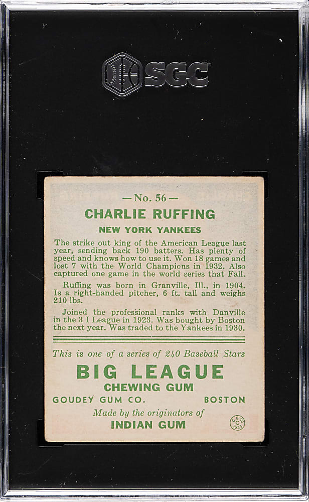 1933 R319 Goudey #56 Red Ruffing SGC VG 3