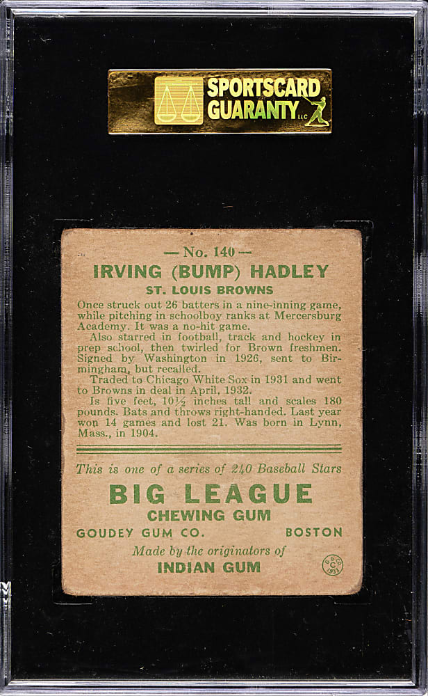 1933 R319 Goudey #140 Bump Hadley SGC VG 40