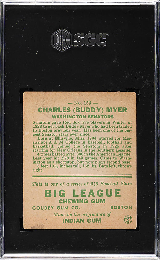 1933 R319 Goudey #153 Buddy Myer SGC VG+ 3.5