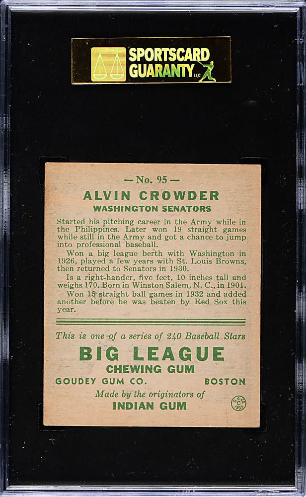 1933 R319 Goudey #95 Alvin Crowder SGC EX+ 70