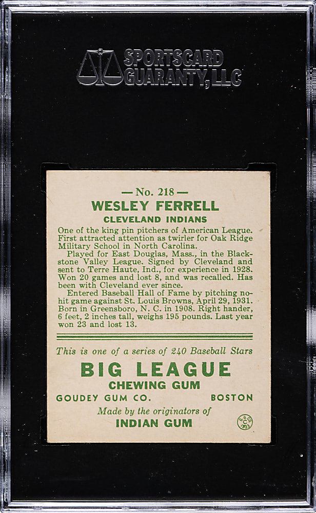 1933 R319 Goudey #218 Wesley Ferrell SGC EX+ 70